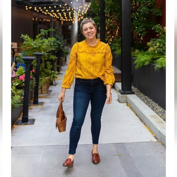 J. Crew Mustard Eyelet Long Sleeve Mock Neck Ruffled Top Size XS - Picture 2 of 13